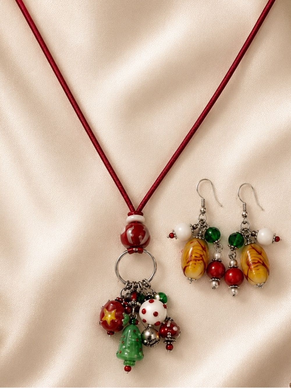 Festive Handmade Red and Green Charm Beaded Necklace and Santa Earring Set